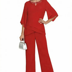 Sophisticated loose-fit formal pant set dress by THE WHITMORE FAMILY, featuring a red mother of the bride pant suit with elegant design.
