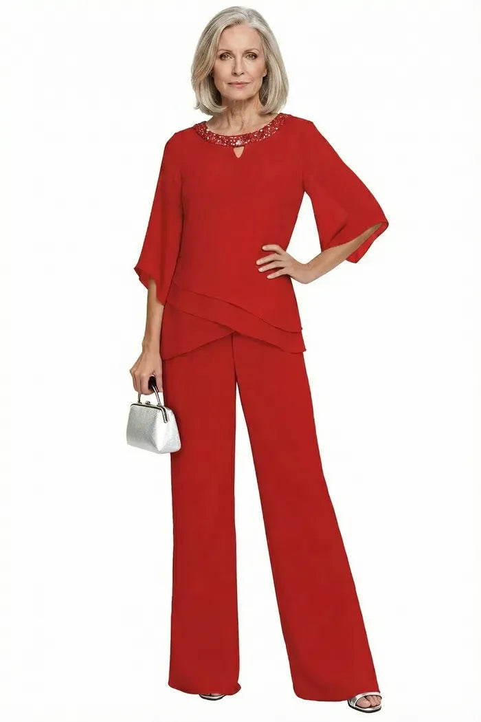 Sophisticated loose-fit formal pant set dress by THE WHITMORE FAMILY, featuring a red mother of the bride pant suit with elegant design.
