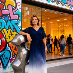 Dark navy tie waist chiffon midi dress with flutter sleeves by THE WHITMORE FAMILY, featuring a flowing design and elegant style.