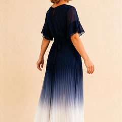 Dark navy tie waist chiffon midi dress with flutter sleeves by THE WHITMORE FAMILY, featuring a flowing silhouette and elegant design.
