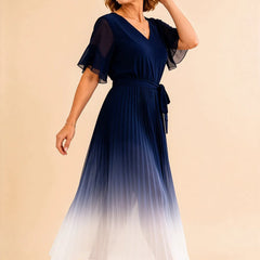 Dark navy tie waist chiffon midi dress with flutter sleeves by THE WHITMORE FAMILY, elegant and flowy for special occasions