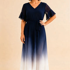 Dark navy tie waist chiffon midi dress with flutter sleeves from THE WHITMORE FAMILY, elegant and flowy for special occasions.