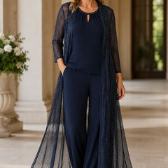 Dark navy Sheer Duster Formal Pant Suit by THE WHITMORE FAMILY, styled as a stylish dress with elegant layers and tailored fit.