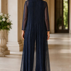 Dark navy Sheer Duster Formal Pant Suit dress by THE WHITMORE FAMILY, featuring elegant design and tailored fit for special occasions.