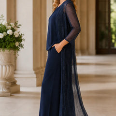 Dark navy sheer duster formal pant suit dress by THE WHITMORE FAMILY, featuring elegant design and tailored fit.