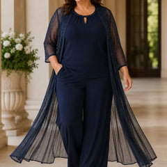 Dark navy sheer duster formal pant suit dress by THE WHITMORE FAMILY, featuring elegant design and plus-size fit.
