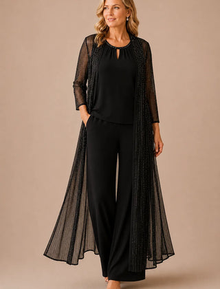 Sheer black duster formal pant suit by THE WHITMORE FAMILY, stylish mother-of-the-bride dress with elegant design and flowing silhouette.