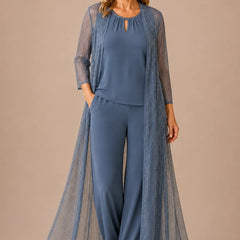 Sheer duster formal pant suit by THE WHITMORE FAMILY, in dusty blue, styled as a stylish dress with tailored pants and elegant layers