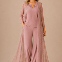 Sheer duster formal pant suit by THE WHITMORE FAMILY, dusty rose dress with elegant sheer overlay and tailored fit.