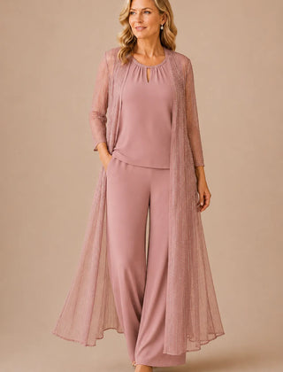 Sheer duster formal pant suit by THE WHITMORE FAMILY, dusty rose dress with elegant sheer overlay and tailored fit.