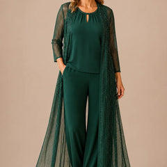 Elegant sheer duster formal pant suit by THE WHITMORE FAMILY, featuring a flowing design in emerald for a sophisticated look.