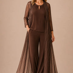 Sheer duster formal pant dress suit by THE WHITMORE FAMILY, featuring elegant design and ganache-colored fabric for special occasions.