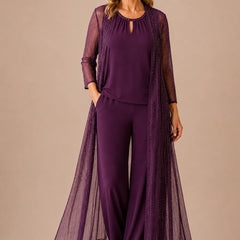 Sheer plum duster formal pant suit dress by THE WHITMORE FAMILY, featuring elegant layered design and tailored fit.