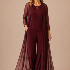 Elegant sheer duster formal pant suit by THE WHITMORE FAMILY, in wine red, designed for sophisticated mother-of-the-bride occasions.