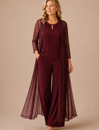 Elegant sheer duster formal pant suit by THE WHITMORE FAMILY, in wine red, designed for sophisticated mother-of-the-bride occasions.