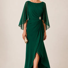 Dark navy chiffon cape sleeve wrap formal dress by THE WHITMORE FAMILY with brooch, elegant evening gown.