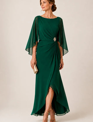 Dark navy chiffon cape sleeve wrap formal dress by THE WHITMORE FAMILY with brooch, elegant evening gown.