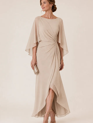 Dark navy chiffon cape sleeve wrap formal dress with brooch by THE WHITMORE FAMILY, elegant and flowing for special occasions.