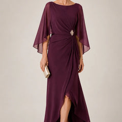 Dark navy chiffon cape sleeve wrap formal dress by THE WHITMORE FAMILY with brooch, elegant and flowing for special occasions.