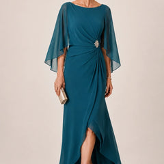 Dark navy chiffon cape sleeve wrap formal dress with brooch by THE WHITMORE FAMILY, elegant and flowing for special occasions.