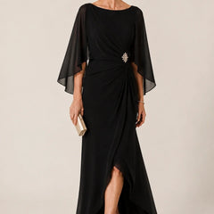 Dark navy chiffon wrap dress with cape sleeves and brooch by THE WHITMORE FAMILY, elegant formal dress for special occasions.