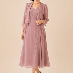 Shadowarth Belle V neck chiffon midi dress with lace detail, elegant mother of the bride dress from THE WHITMORE FAMILY.