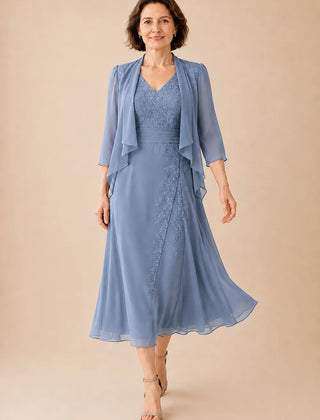 Shadowarth Belle dusty blue V neck chiffon midi dress with lace detail, elegant mother-of-the-bride dress by THE WHITMORE FAMILY.