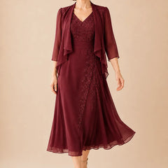 Wine red V neck chiffon midi dress with lace detail by THE WHITMORE FAMILY, elegant and flowing for special occasions.