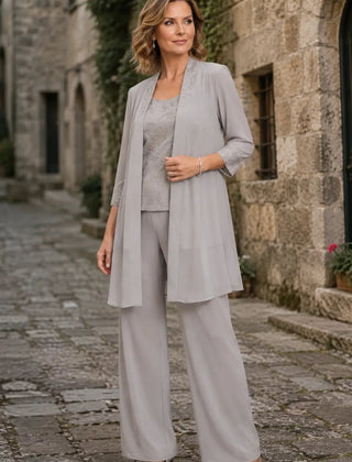 Gray embroidered three-piece pant set dress by THE WHITMORE FAMILY featuring intricate embroidery and comfortable fabric.