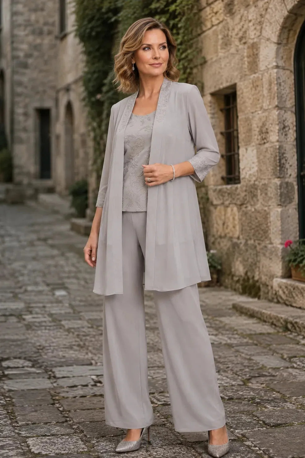 Gray embroidered three-piece pant set dress by THE WHITMORE FAMILY featuring intricate embroidery and comfortable fabric.