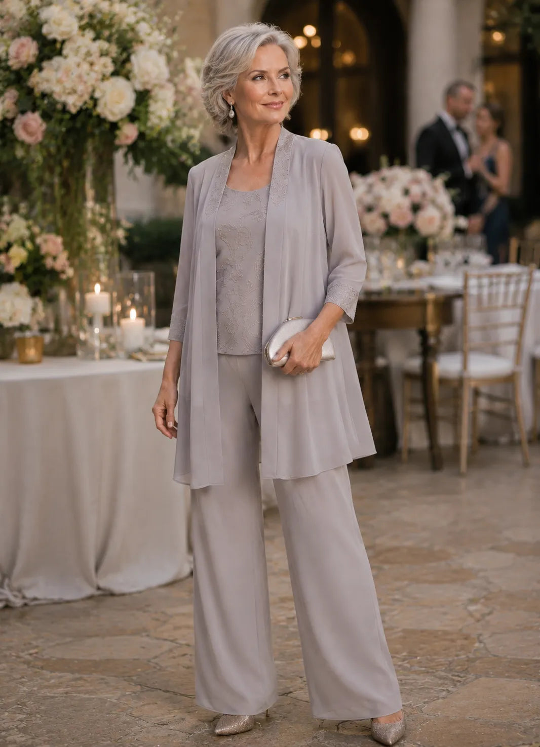 Gray Evelyn embroidered three-piece pant set dress by THE WHITMORE FAMILY, featuring detailed embroidery and stylish design.