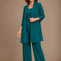 Gray Evelyn embroidered three-piece pant set by THE WHITMORE FAMILY, featuring a dress and matching pants with intricate embroidery.