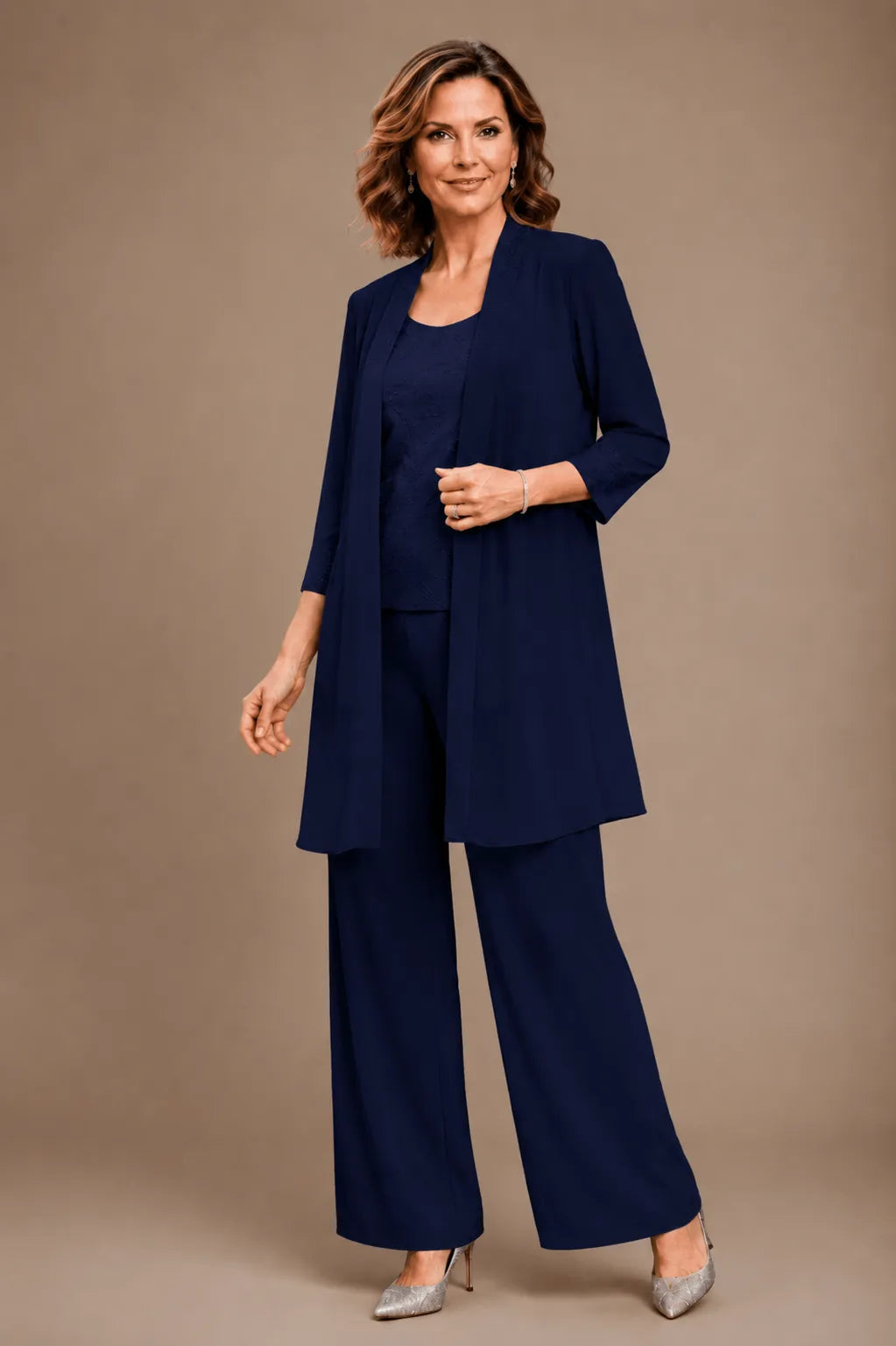 Gray Evelyn embroidered three-piece pant set dress by THE WHITMORE FAMILY, featuring detailed embroidery and stylish design.