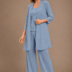 Gray Evelyn embroidered three-piece pant set dress from THE WHITMORE FAMILY featuring intricate embroidery and a relaxed fit.