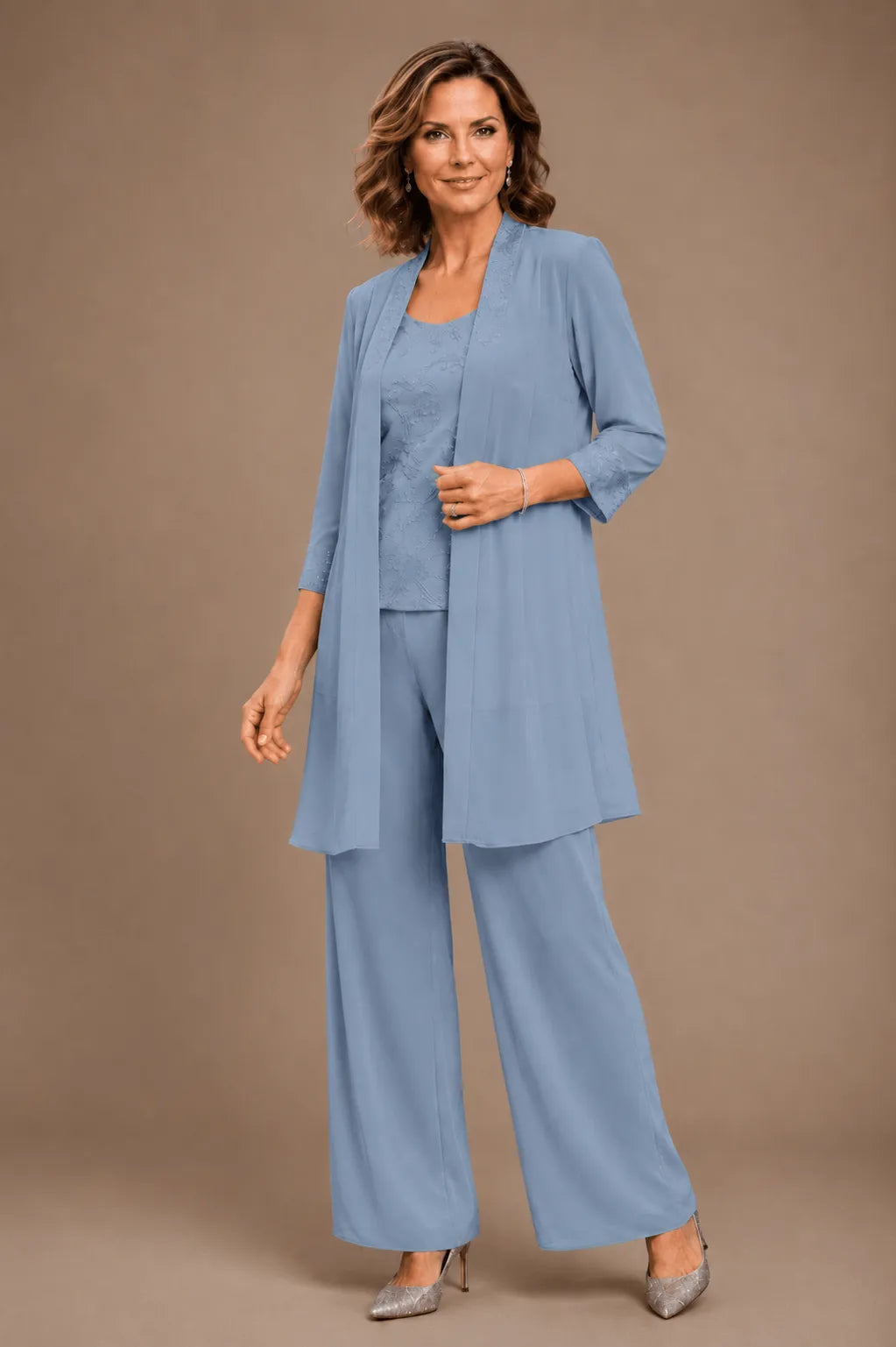 Gray Evelyn embroidered three-piece pant set dress from THE WHITMORE FAMILY featuring intricate embroidery and a relaxed fit.