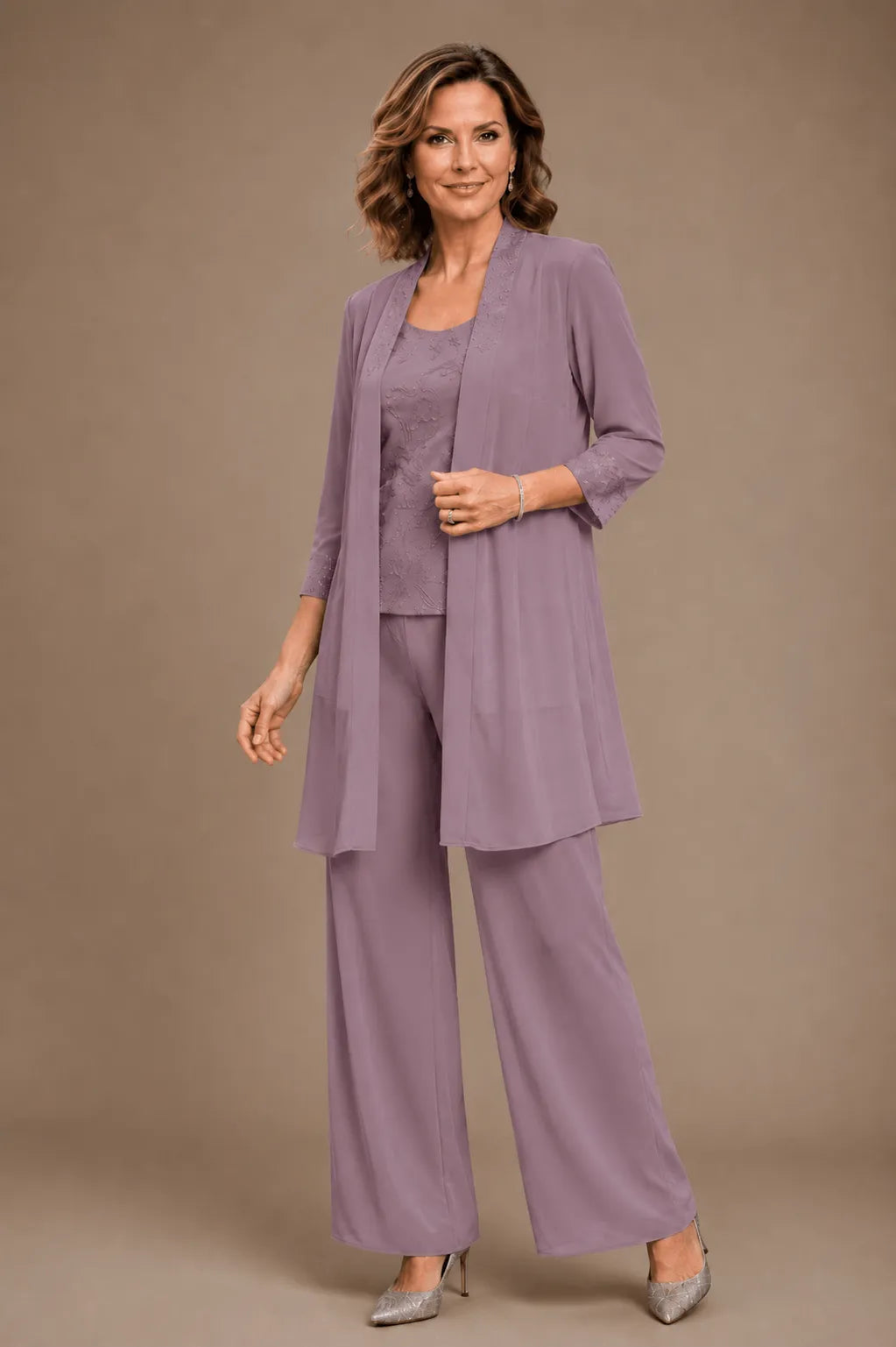 Gray Evelyn embroidered three-piece pant set dress by THE WHITMORE FAMILY featuring intricate embroidery and a stylish, comfortable design.