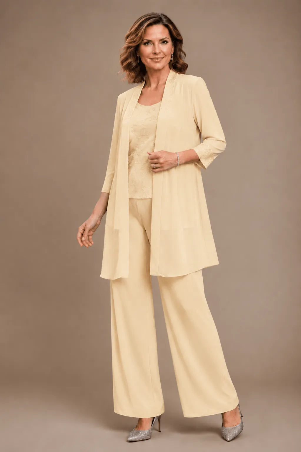 Gray Evelyn embroidered three-piece pant set dress by THE WHITMORE FAMILY, featuring detailed embroidery and a stylish, comfortable fit.