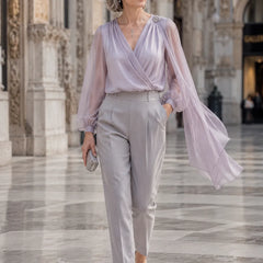 Lilac chiffon cape blouse by THE WHITMORE FAMILY, elegant dress with flowing cape detail perfect for wedding guests.