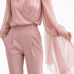 Rose gold chiffon cape blouse by THE WHITMORE FAMILY, elegant dress with flowing chiffon cape for wedding guest attire.