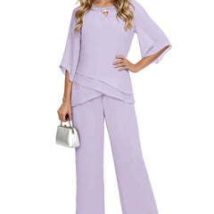 Sophisticated loose-fit formal pant dress set by THE WHITMORE FAMILY in lilac chiffon with elegant draping and tailored fit.
