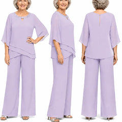 Lilac loose-fit formal pant set by THE WHITMORE FAMILY, elegant chiffon dress with tailored trousers for special occasions.