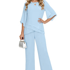 Light blue loose-fit formal pant dress set by THE WHITMORE FAMILY, featuring elegant chiffon fabric and sophisticated design.