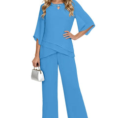 Blue loose-fit formal pant set with chiffon detailing, suitable for mother of the bride, by THE WHITMORE FAMILY.