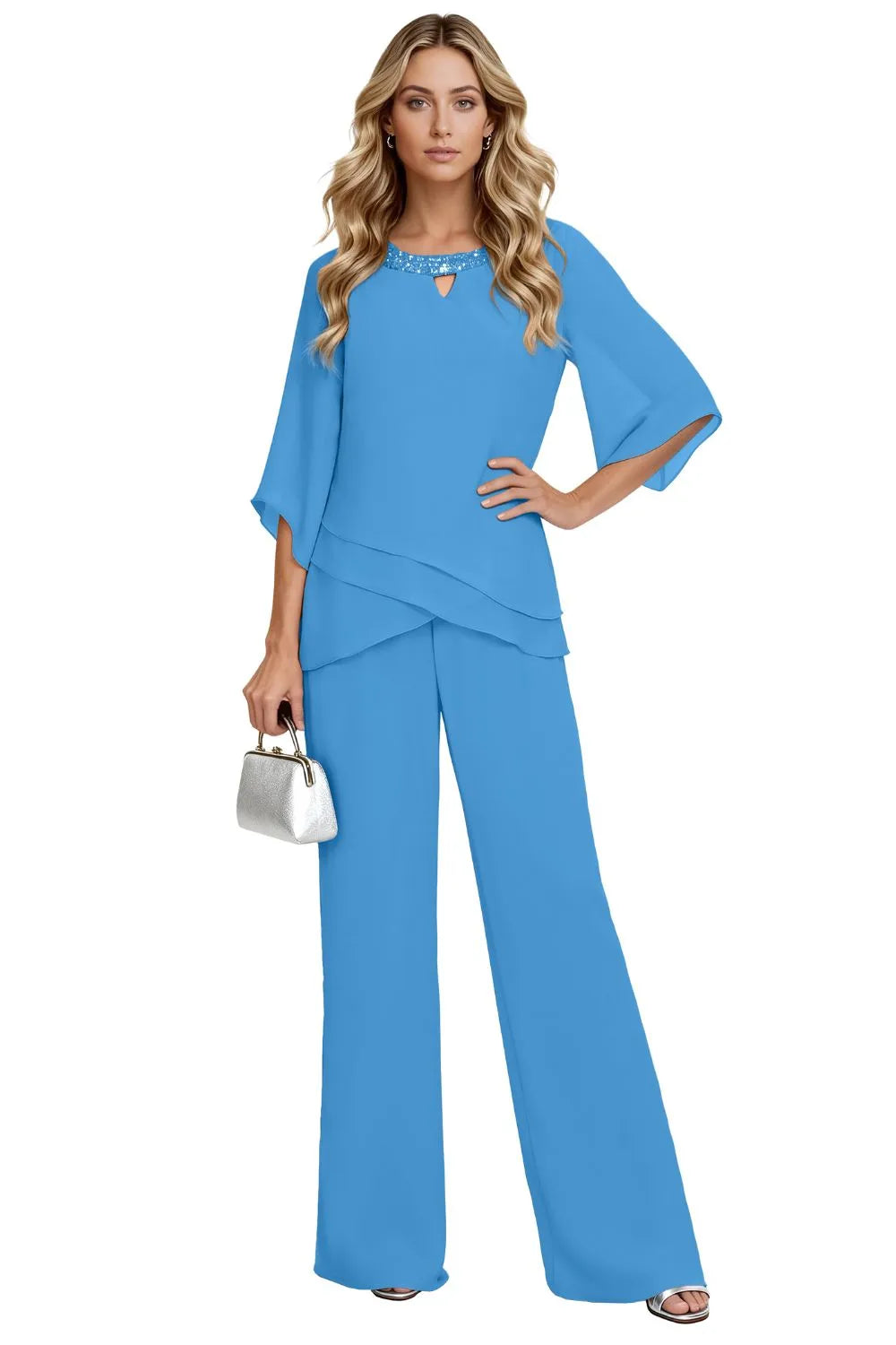 Blue loose-fit formal pant set with chiffon detailing, suitable for mother of the bride, by THE WHITMORE FAMILY.