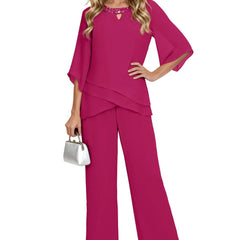 Fuchsia loose-fit formal pant dress set by THE WHITMORE FAMILY, elegant chiffon fabric with sophisticated tailoring.