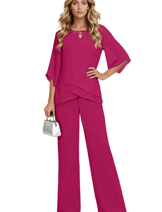 Fuchsia loose-fit formal pant dress set by THE WHITMORE FAMILY, elegant chiffon fabric with sophisticated tailoring.
