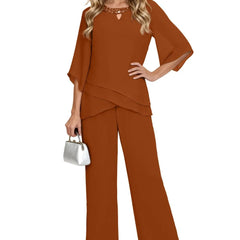 Elegant brown loose-fit formal pant set dress by THE WHITMORE FAMILY, featuring chiffon fabric and sophisticated styling.