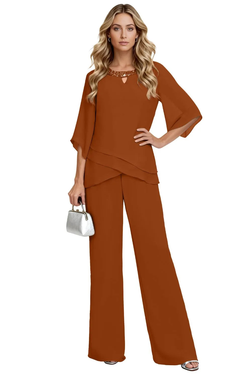 Elegant brown loose-fit formal pant set dress by THE WHITMORE FAMILY, featuring chiffon fabric and sophisticated styling.
