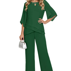 Green loose-fit formal pant dress set by THE WHITMORE FAMILY, elegant chiffon fabric and sophisticated design.