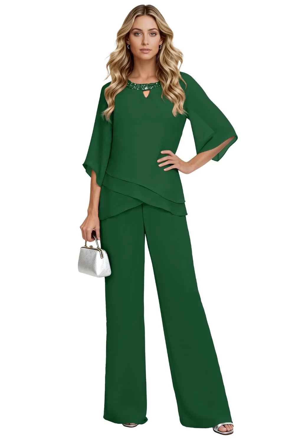 Green loose-fit formal pant dress set by THE WHITMORE FAMILY, elegant chiffon fabric and sophisticated design.